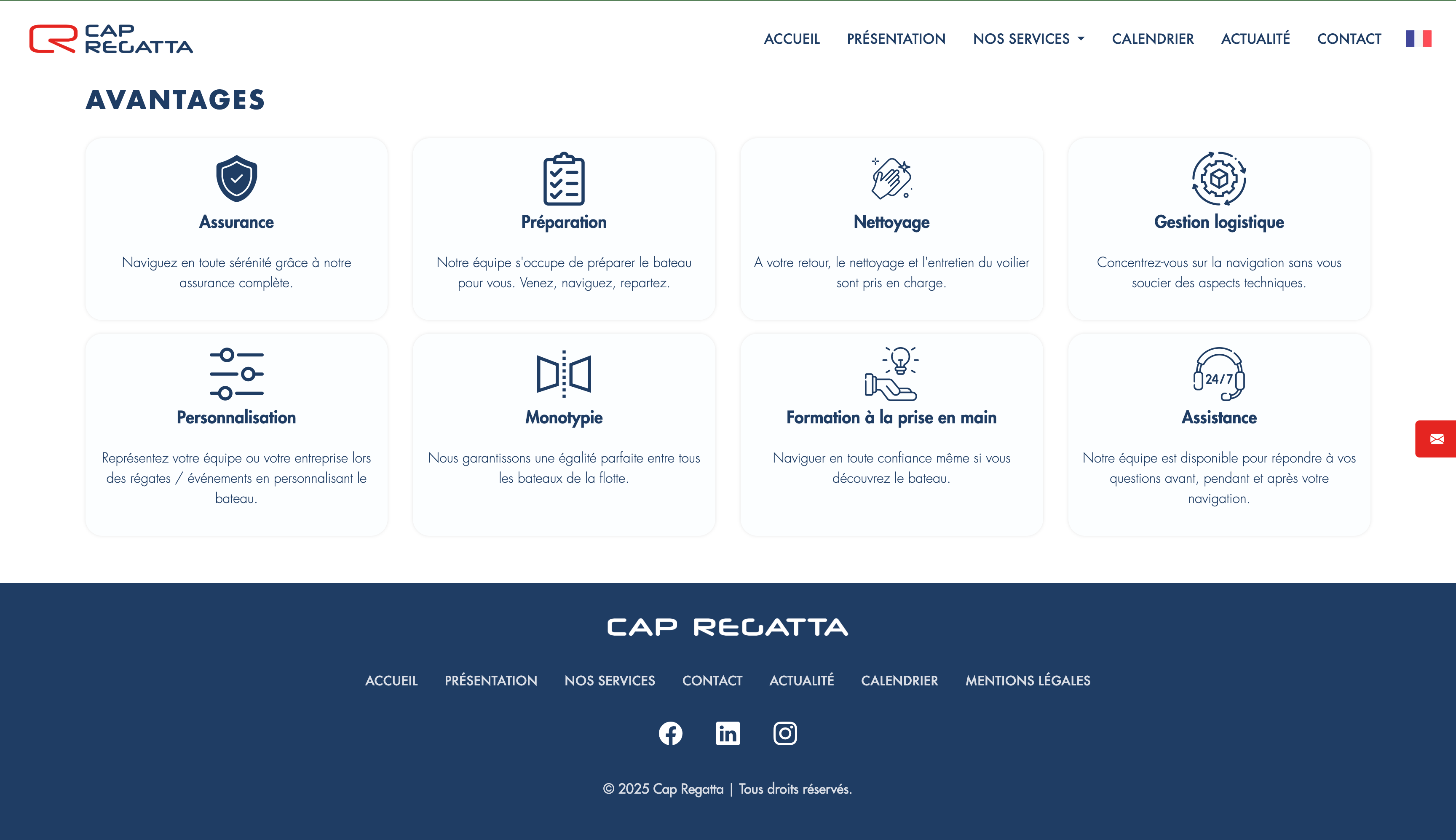 Cap Regatta, site vitrine, location voiliers Sun Fast 30 OD, événements nautiques, développement full stack, SEO, responsive